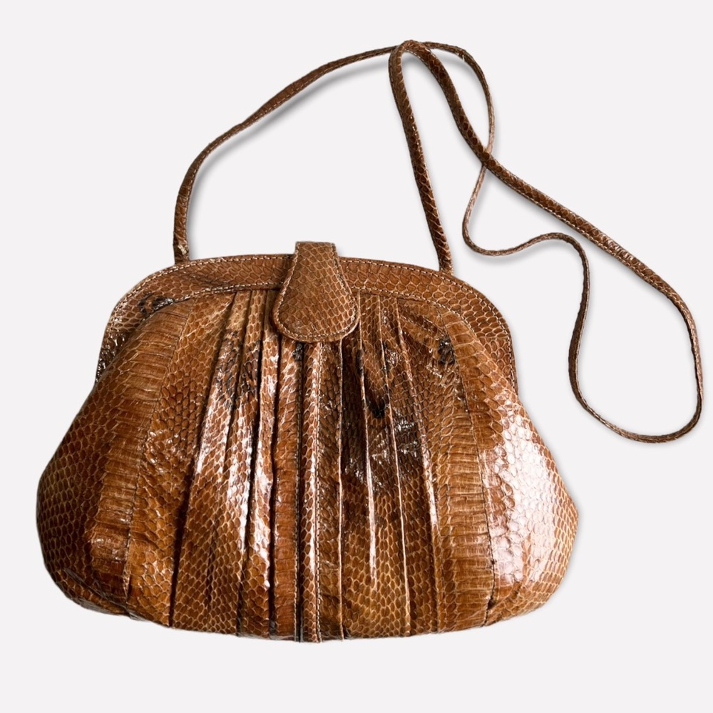 Vintage Python Snakeskin Pleated Front Brown Bag - image 1